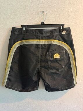 Sundek Men’s Black Swim Shorts with Yellow and Gray Stripes Size 31